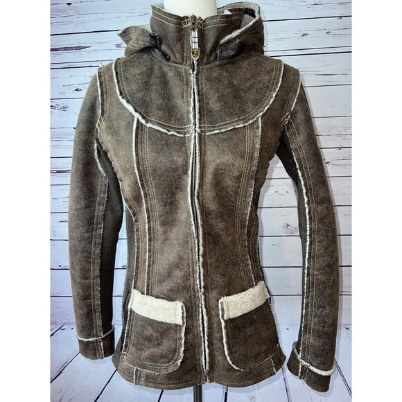 KUHL Projekt Dani Sherpa Jacket Lined Coat Faux Leather XS Extra Small Hooded - Picture 11 of 12